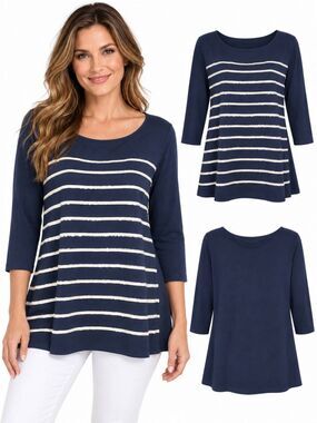 Christopher & Banks Women’s Navy Blue Striped 3/4 Sleeve Top Size XL 100% Cotton